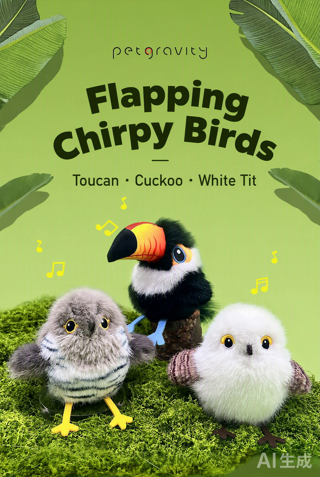Flapping chirpy birds — Toucan, Cuckoo and White Tit plush toys