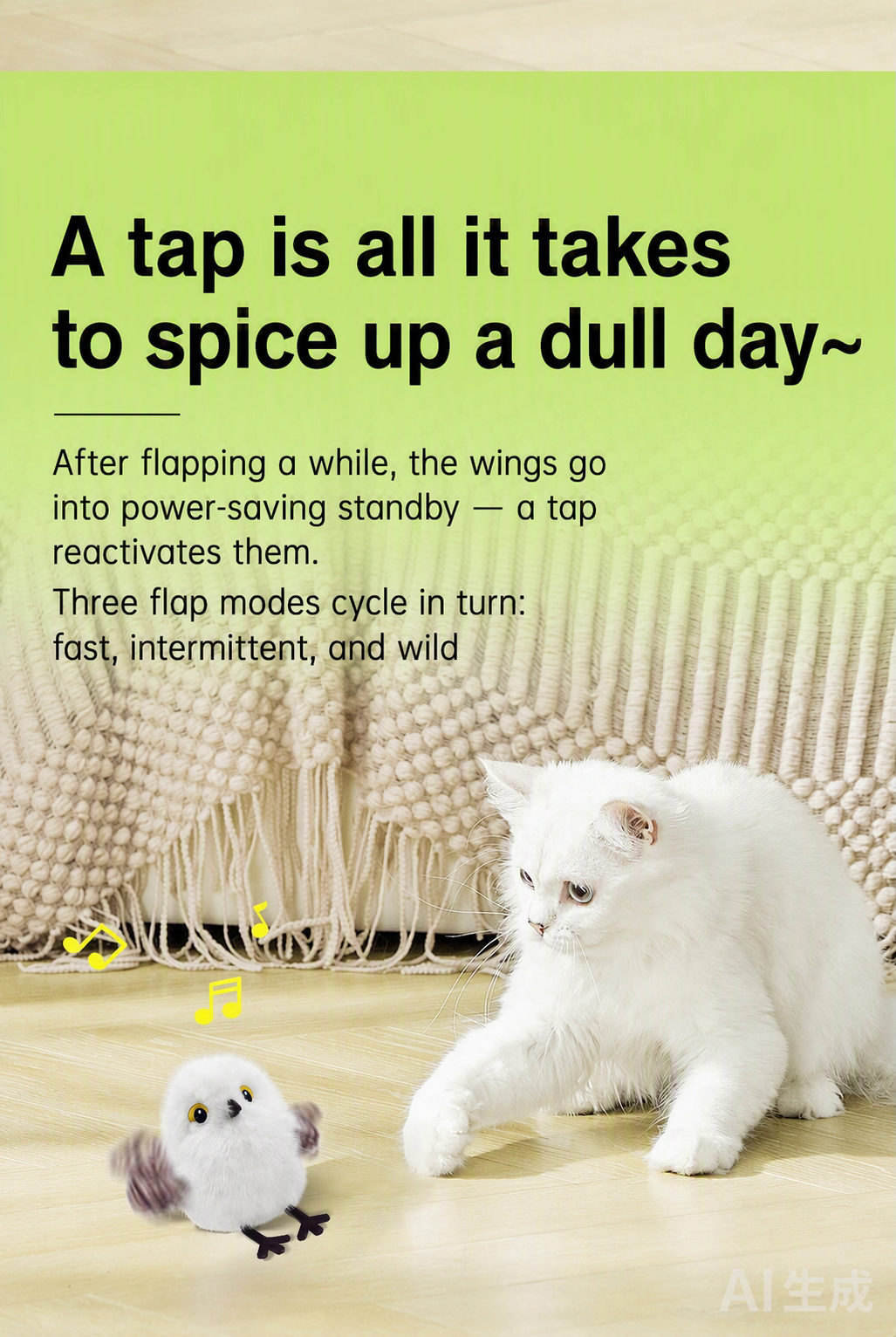 Three flap modes: fast, intermittent and wild; tap to reactivate