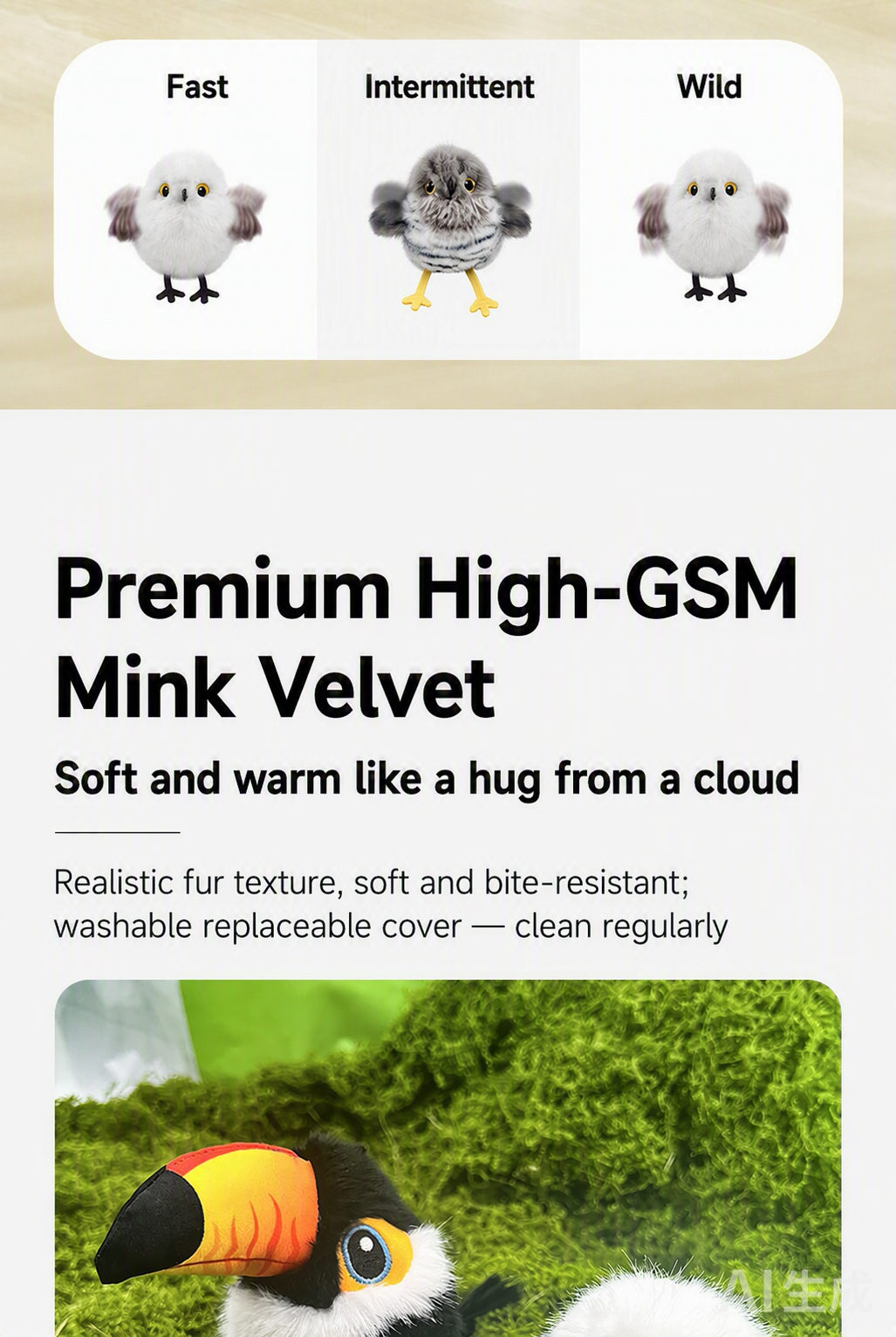 Premium mink velvet plush — soft, bite-resistant, washable cover