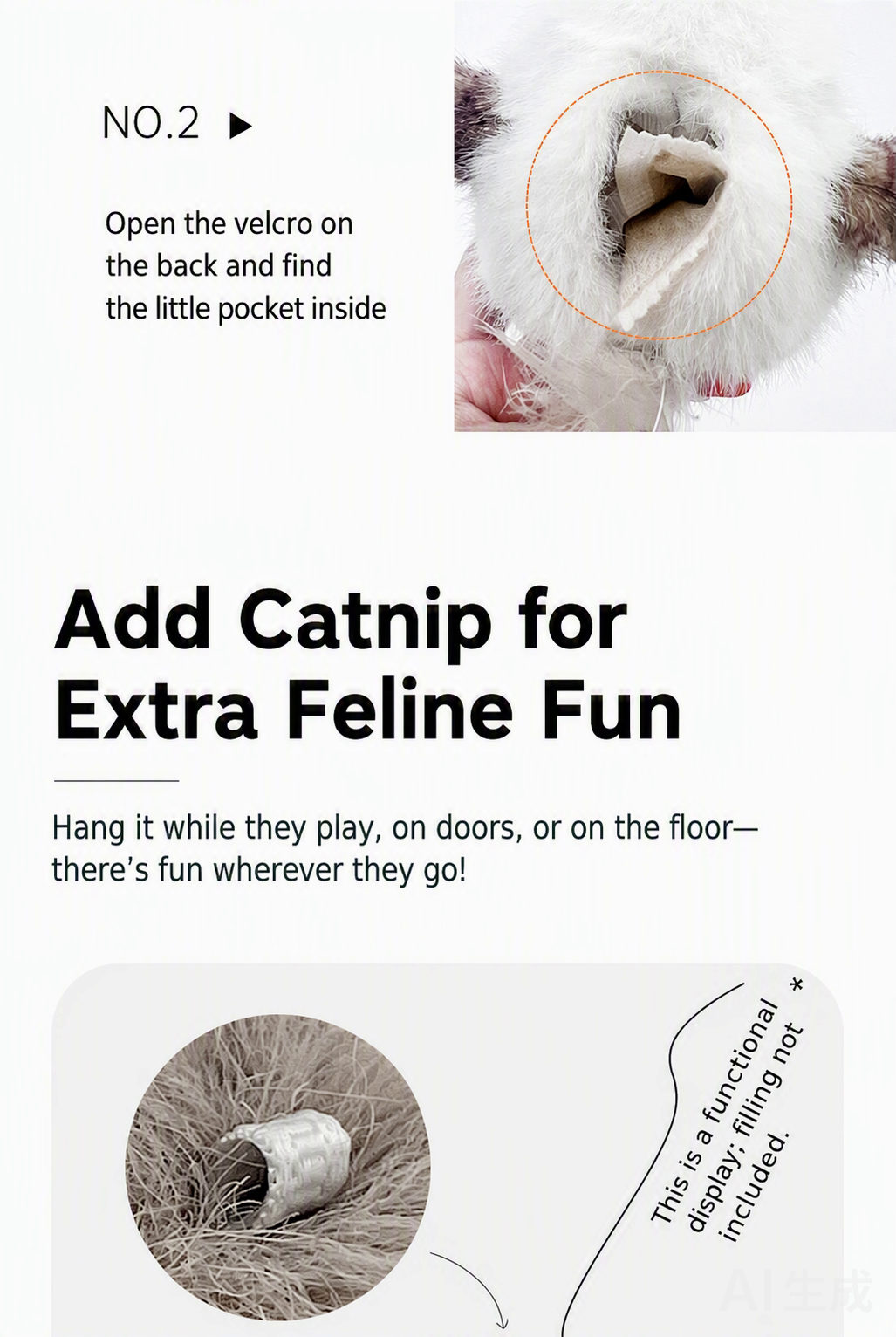 Catnip pocket step 1 — open the velcro and find the pocket