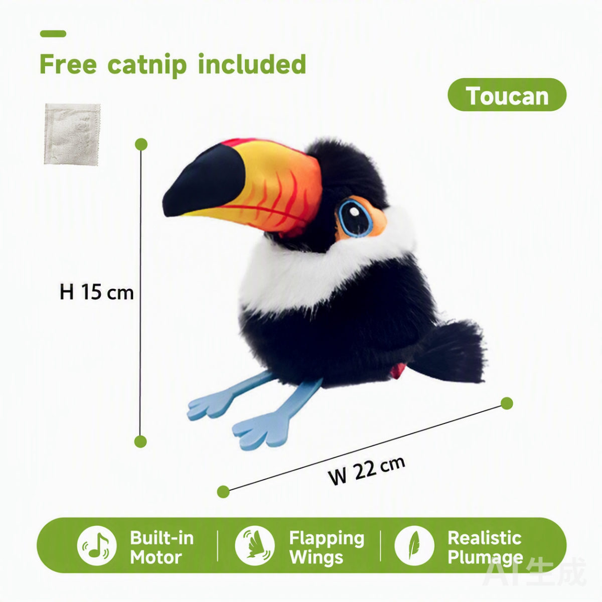 Toucan variant — free catnip included, 15 x 22 cm