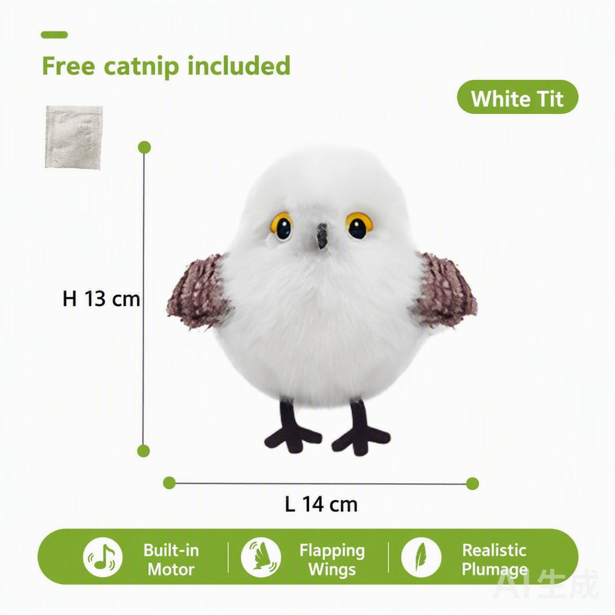 White Tit variant — free catnip included, 13 x 14 cm