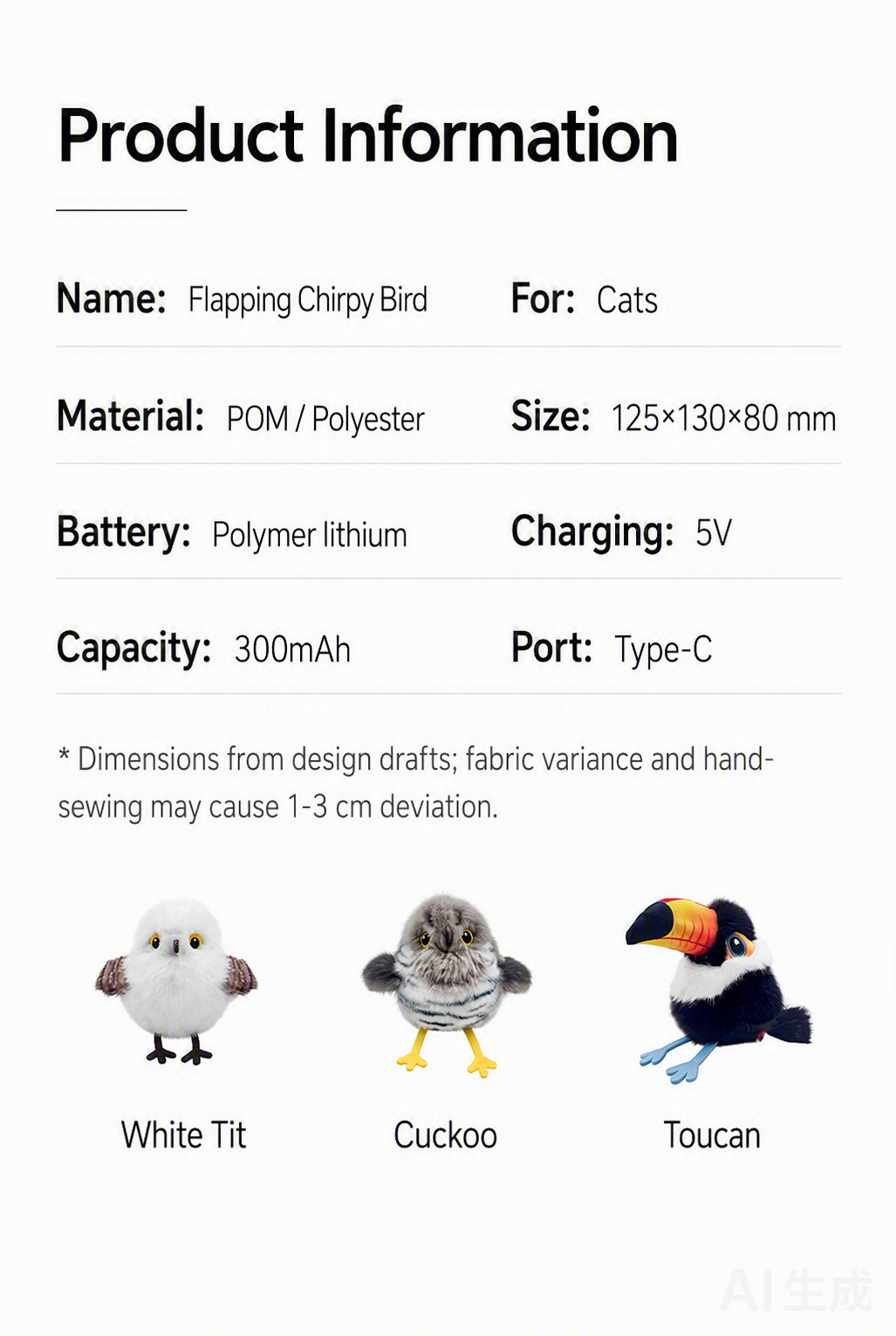 Product information — POM and polyester, 125 x 130 x 80 mm, 300mAh, Type-C