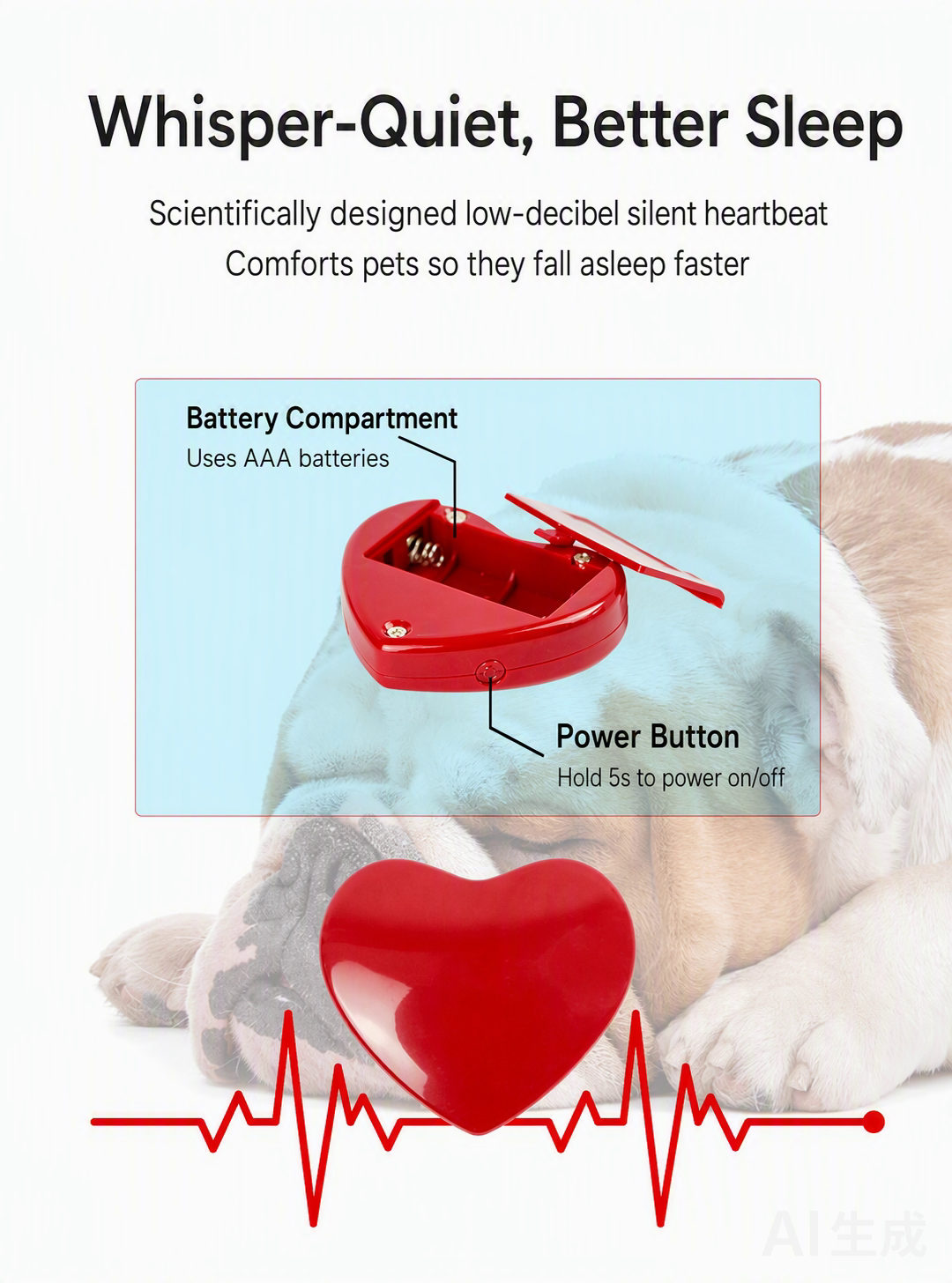 Whisper-quiet, better sleep — low-decibel silent heartbeat, battery compartment and power button