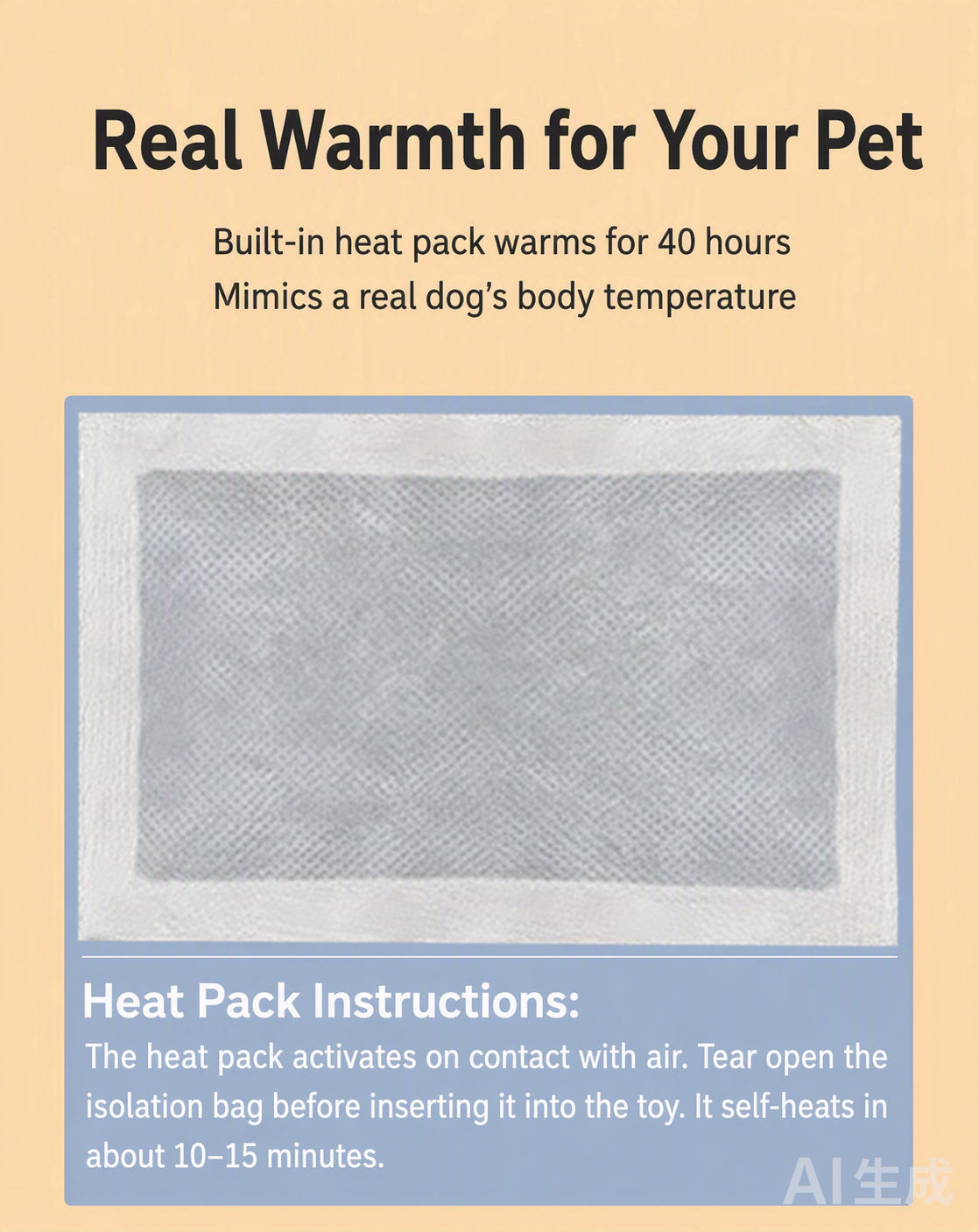 Real warmth for your pet — built-in heat pack warms for 40 hours