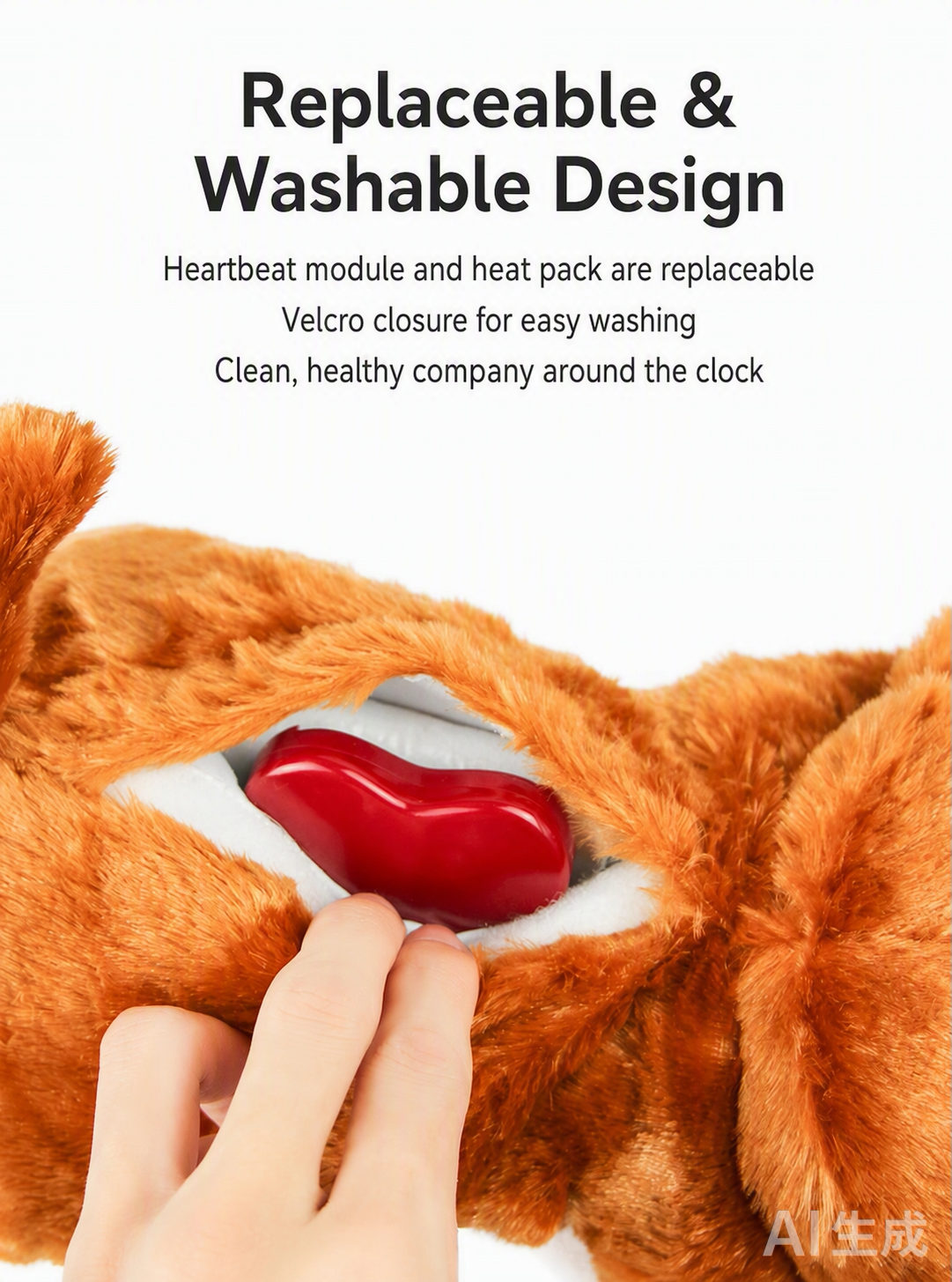 Replaceable and washable design — heartbeat module and heat pack are replaceable, velcro closure