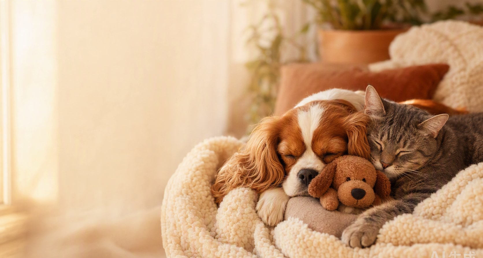 A puppy and cat sleeping peacefully together