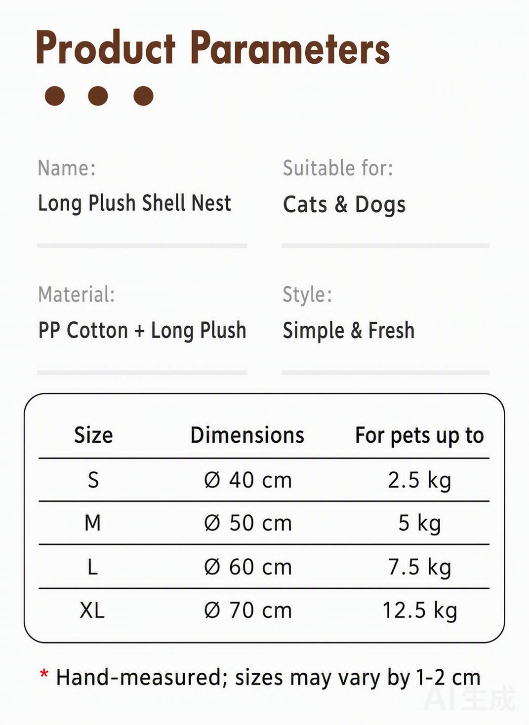 Product parameters — sizes S to XL, for pets up to 12.5 kg
