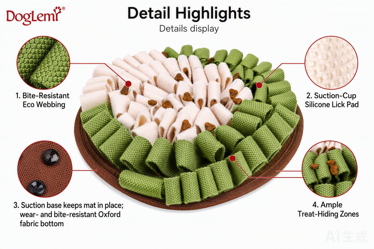 Detail highlights — eco webbing, silicone lick pad, suction base, treat-hiding zones