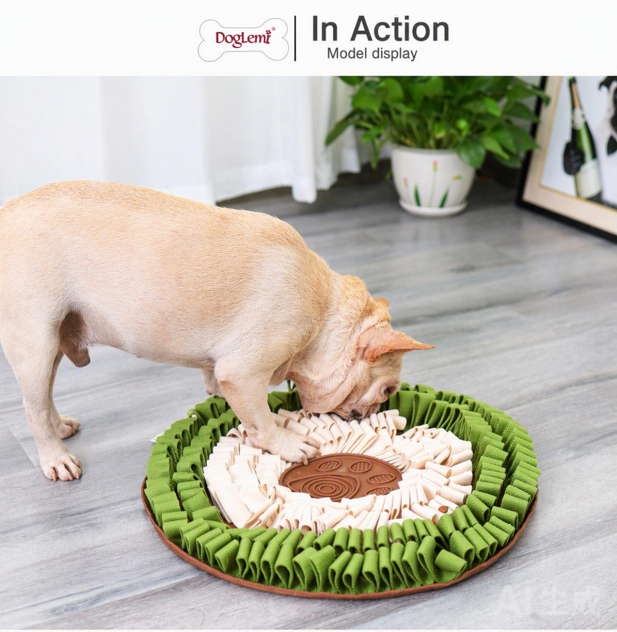 In action — dog foraging on the snuffle mat