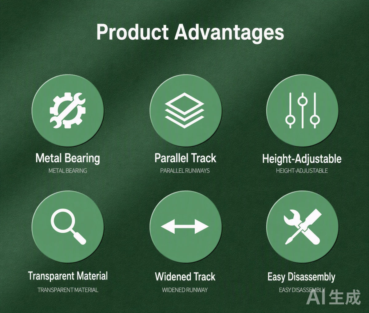 Product advantages — metal bearing, parallel track, height-adjustable, transparent, widened track, easy disassembly