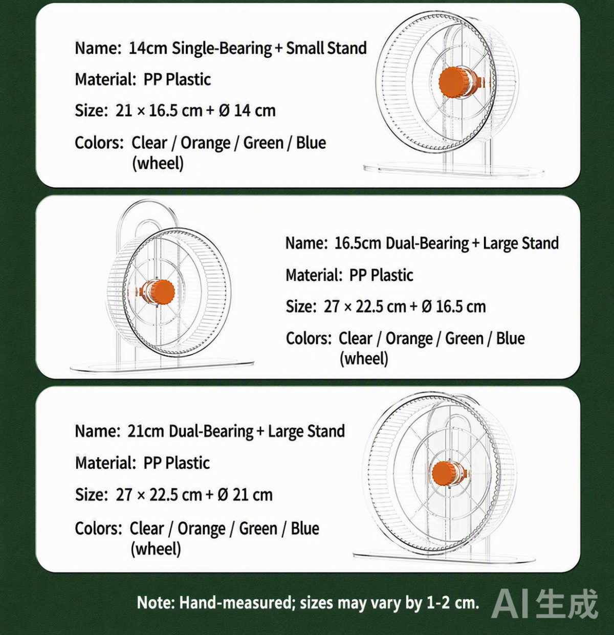Set specs — wheels with small and large stands, sizes 11 to 21 cm